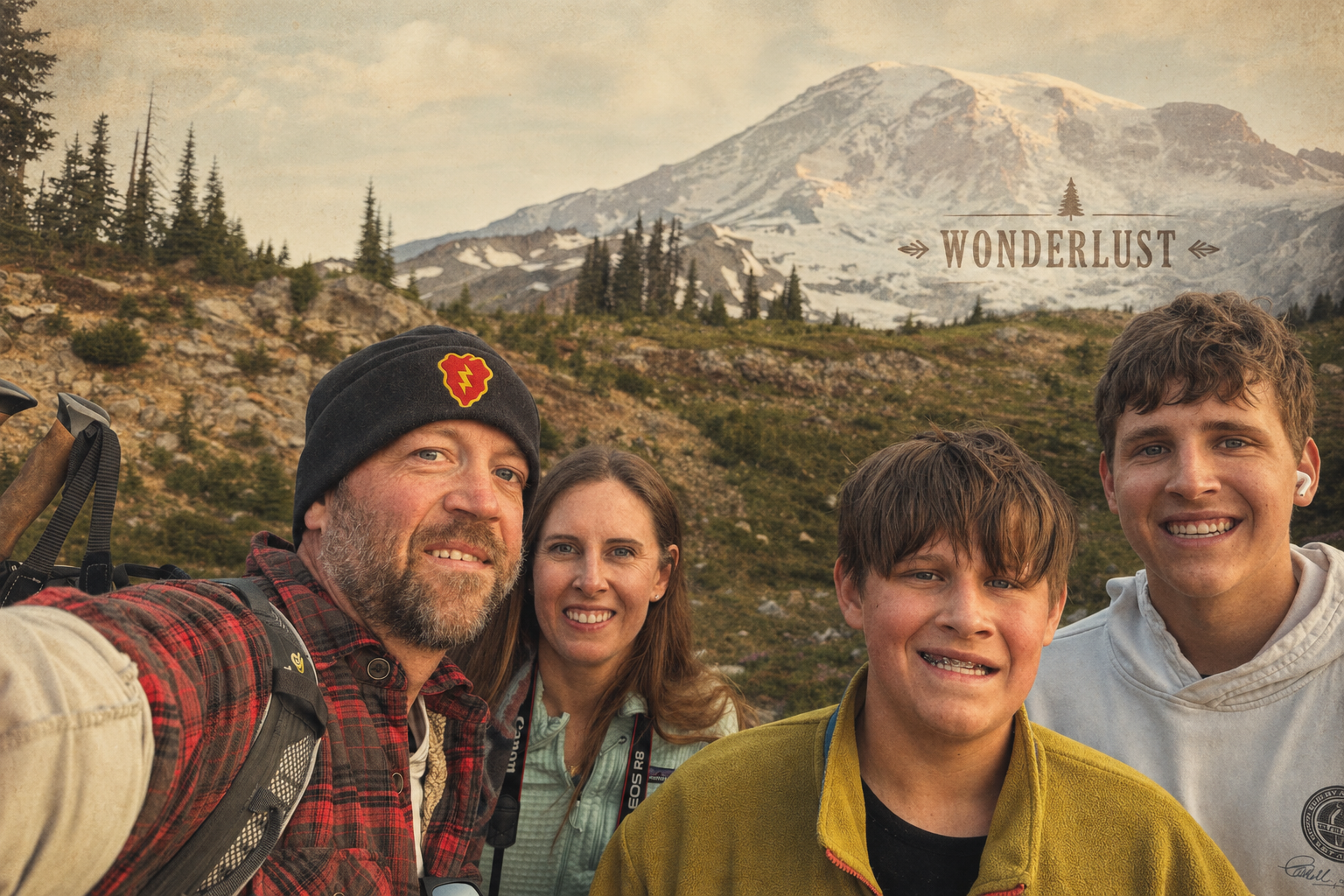 The Vaughan family hiking below a snow-capped mountain